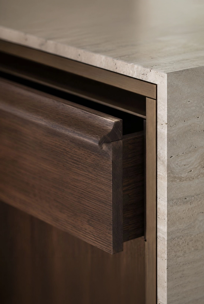 X4 Design and Build fit-out detail showing marble countertop, walnut drawer front, recessed shadow gap, clean joinery line, and luxury cabinet finishing